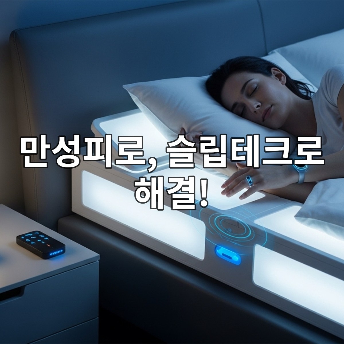 2025년 미래형 침실에서 슬립테크 기기들의 도움을 받아 편안하게 숙면을 취하는 사람의 모습