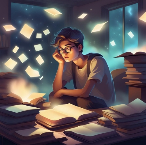 책상에 앉아 불안함을 극복하려는 청소년 남자 일러스트