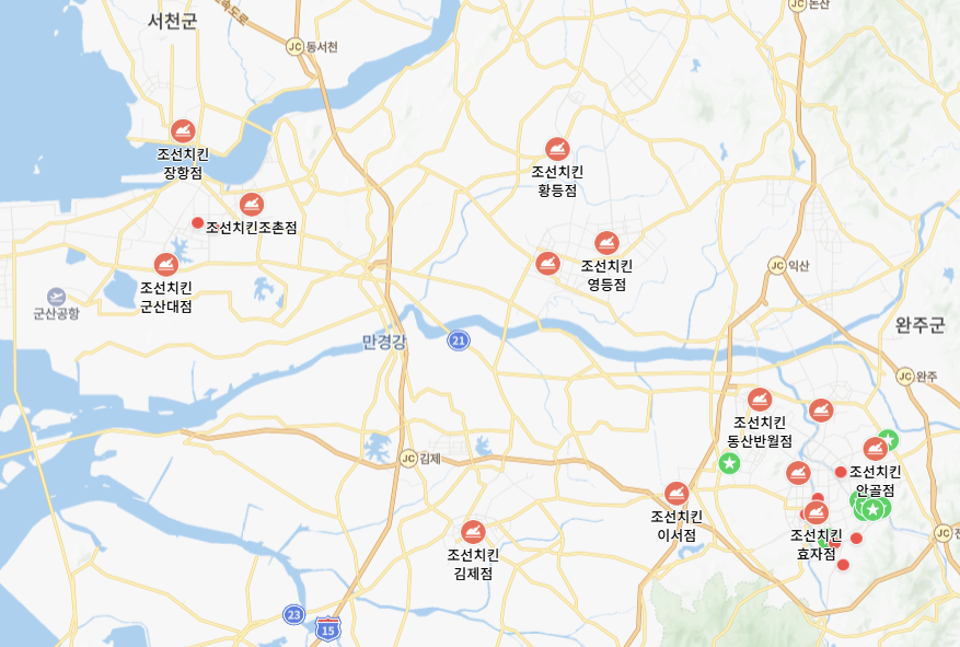 충남과 전북 지역에 조선치킨의 위치