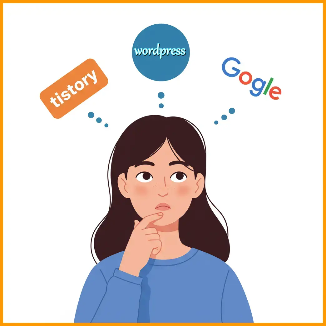 A confused woman deciding between Tistory, Google, and WordPress blogging platforms, with each logo floating around her head.