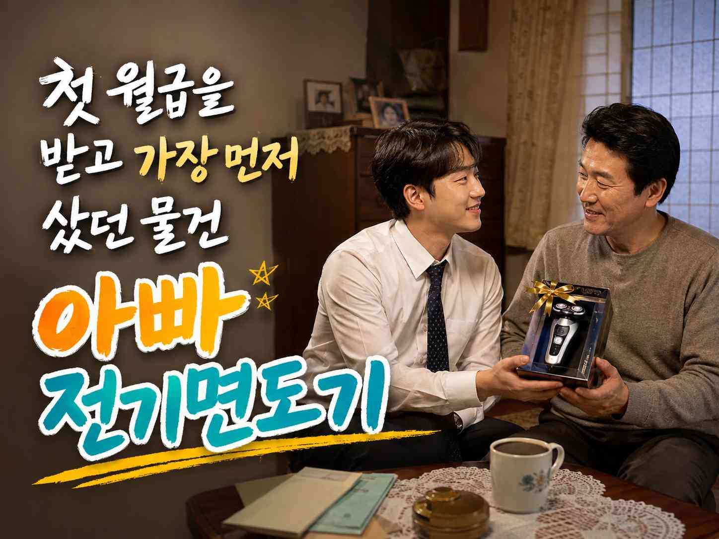 아들이 아버지에게 전기면도기 선물을 건네며 마주 앉아 웃고 있고, 왼쪽에 첫 월급과 아빠 전기면도기에 관한 제목 문구가 크게 들어간 대표 이미지