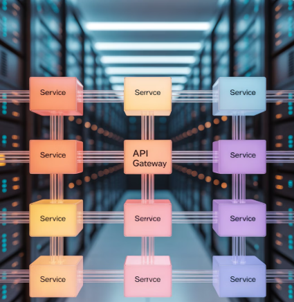 Microservices architecture diagram showing API gateway, containers, and distributed services structure for MSA implementation