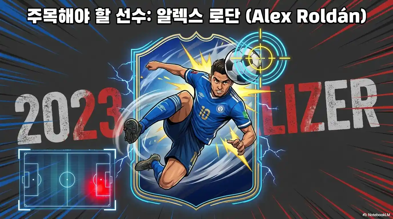 주목해야 할 선수: 알렉스 로단(Alex Rold&aacute;n), 2023년 동점골(Equalizer)을 기록하며 헤딩하는 선수의 스탯 카드 일러스트