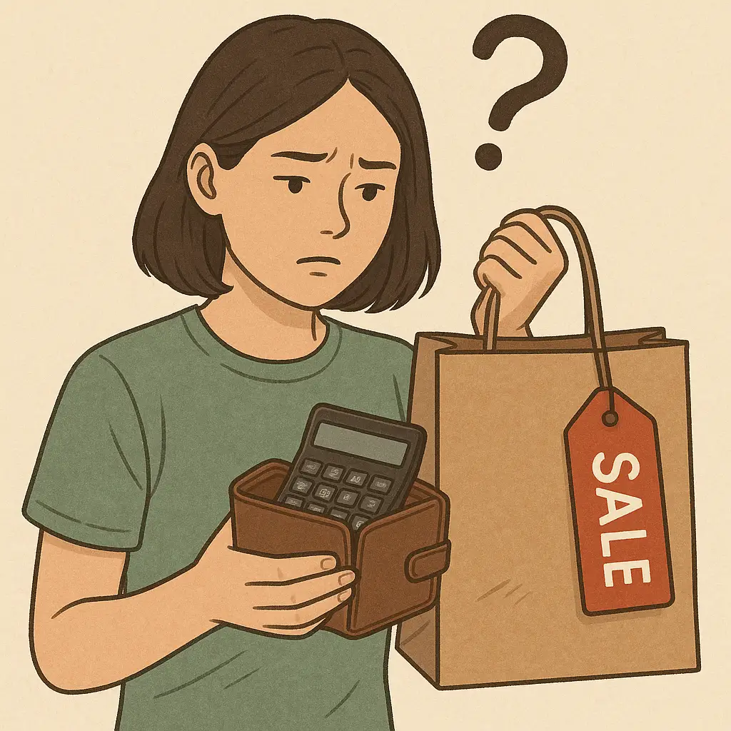 세일-기간에-구매한-물건이-실제로-이득인지-계산하는-여성