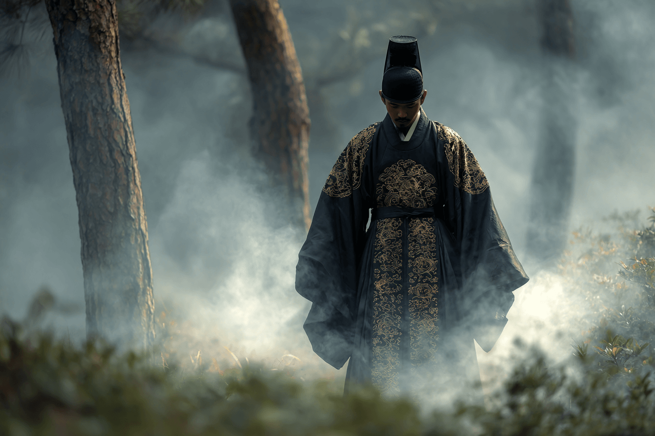 안개낀-숲-길을-걷고-있는-왕