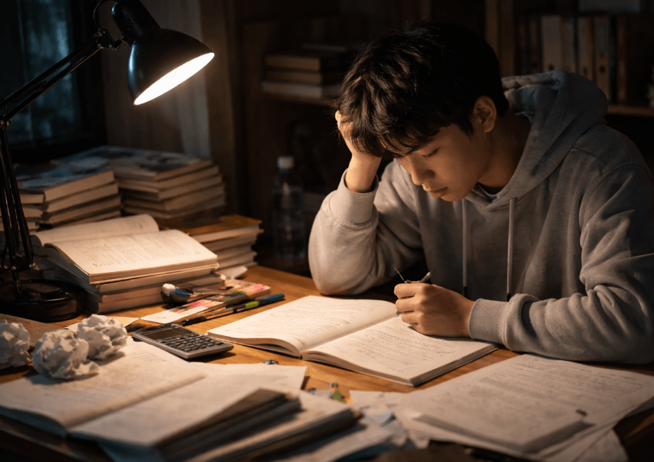 책상에 앉아 오랜 시간 공부하는 학생