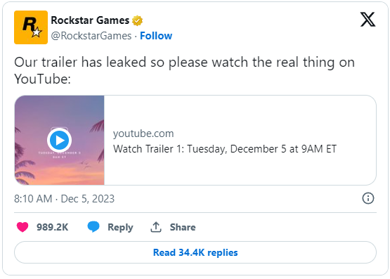 Rockstar Games X account&#39;s reaction on trailer leak
