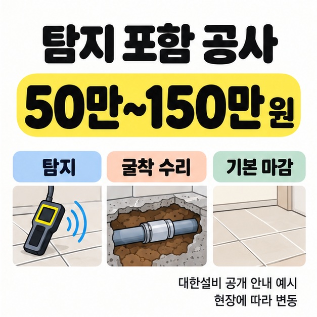 탐지 포함 공사 50만~150만 원이라는 참고 가격과 탐지, 굴착 수리, 기본 마감 그림을 배치하고 대한설비 공개 안내 예시 및 현장에 따라 변동이라고 표시한 도식