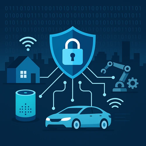 스마트홈, 자율주행차, 산업용 로봇 등 IoT 기기들이 중앙 보안 방패 아이콘과 연결된 IoT 보안 개념 일러스트