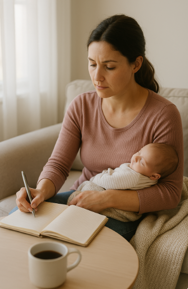 일기를 쓰고 있는 산모의 모습