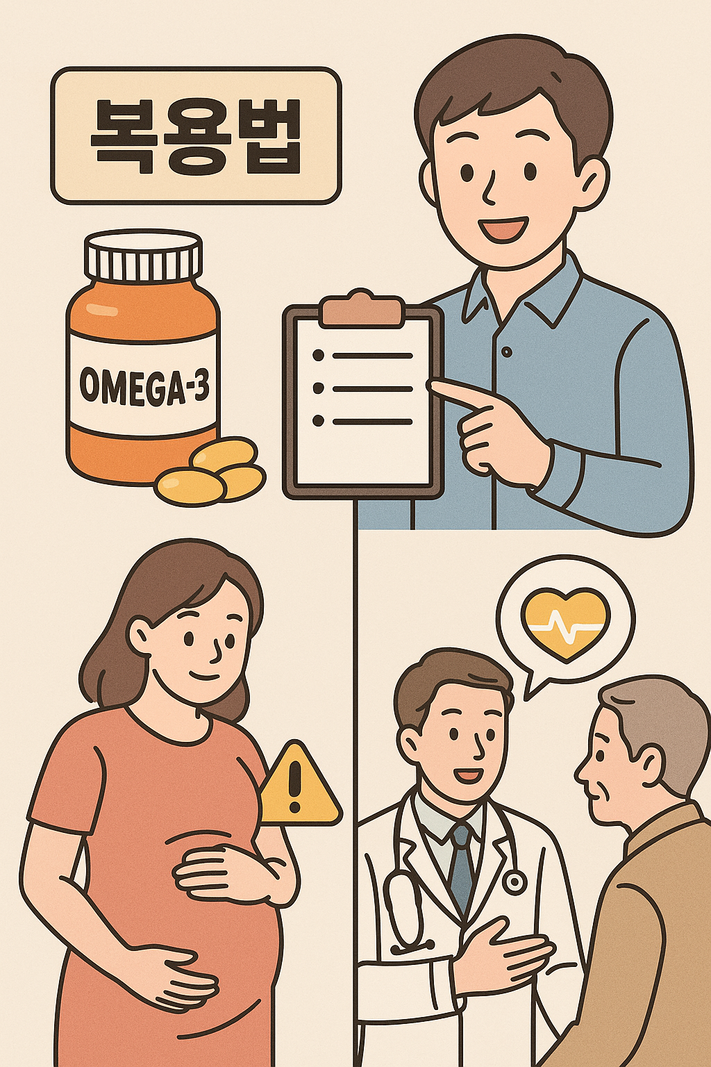 오메가3 복용법을 간단한 만화 형식으로 안내한 4컷 일러스트 이미지로, 오메가3 캡슐, 복용 체크리스트, 임산부 주의사항, 의사의 상담 장면이 각각 표현되어 있는 건강교육용 콘텐츠.
