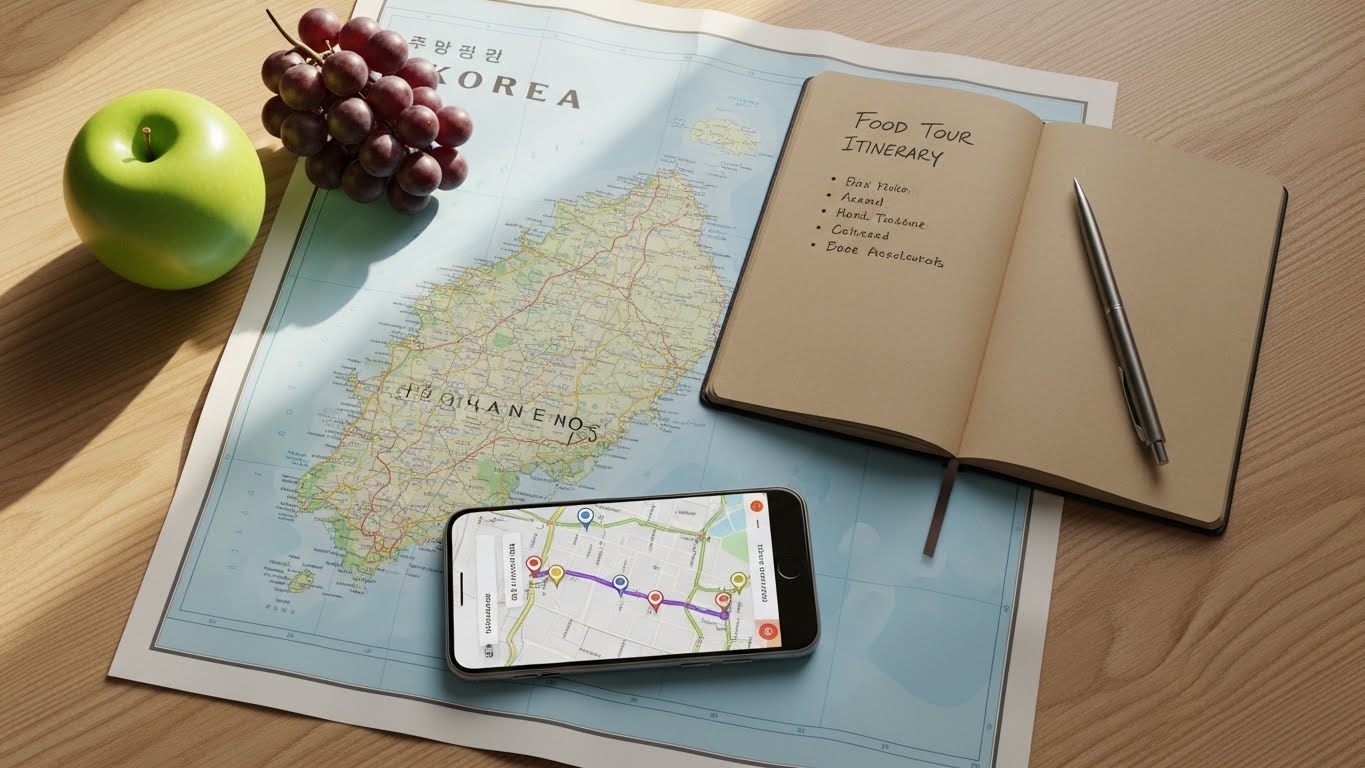 미식 여행을 계획하는 테이블 위, 지도와 노트, 펜, 신선한 과일, 그리고 스마트폰이 놓여 있는 모습
