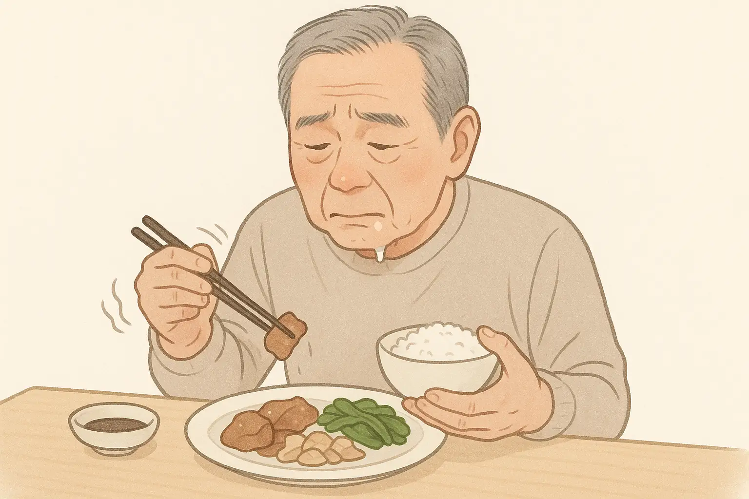 나이 든 남성이 약간 굳은 표정으로 식사 중, 손 떨림과 입가에 침이 약간 고여 있는 장면