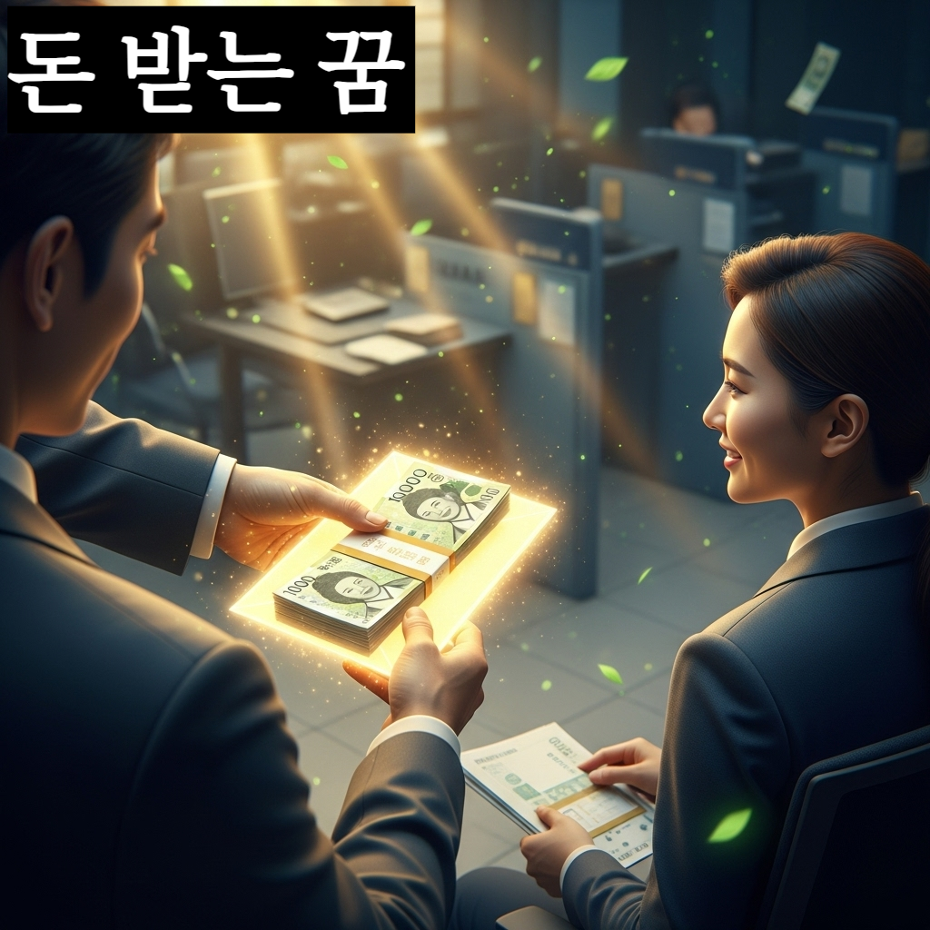 몽환적인 금빛 배경 속에서 인자한 미소의 낯선 사람이 빛나는 돈 봉투를 현대적인 한국인에게 건네주는 신비로운 일러스트