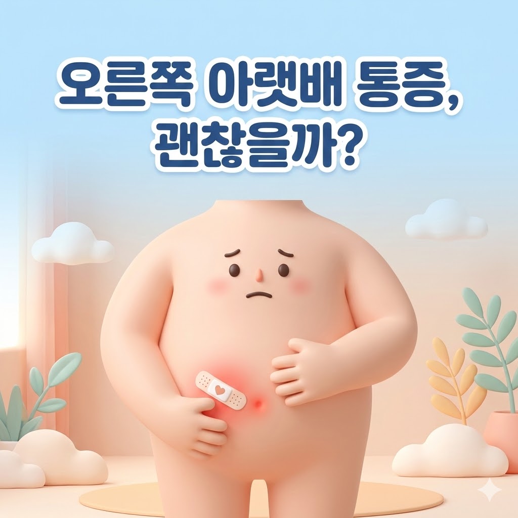 오른쪽 아랫배를 잡고 걱정스러운 표정을 짓는 귀여운 캐릭터 일러스트. 아픈 부위에는 작은 반창고가 붙어 있다. '오른쪽 아랫배 통증, 괜찮을까?'라는 문구가 적혀 있다.