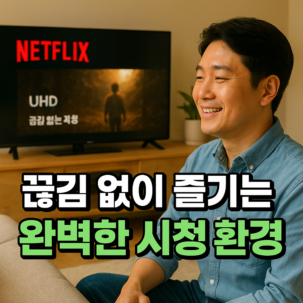 거실에서 끊김 없는 넷플릭스 영상을 시청하는 남성