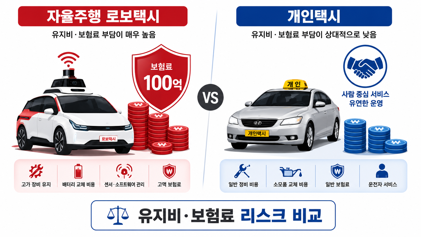 자율주행 로보택시와 개인택시 유지비 및 자동차 보험료 리스크 비교