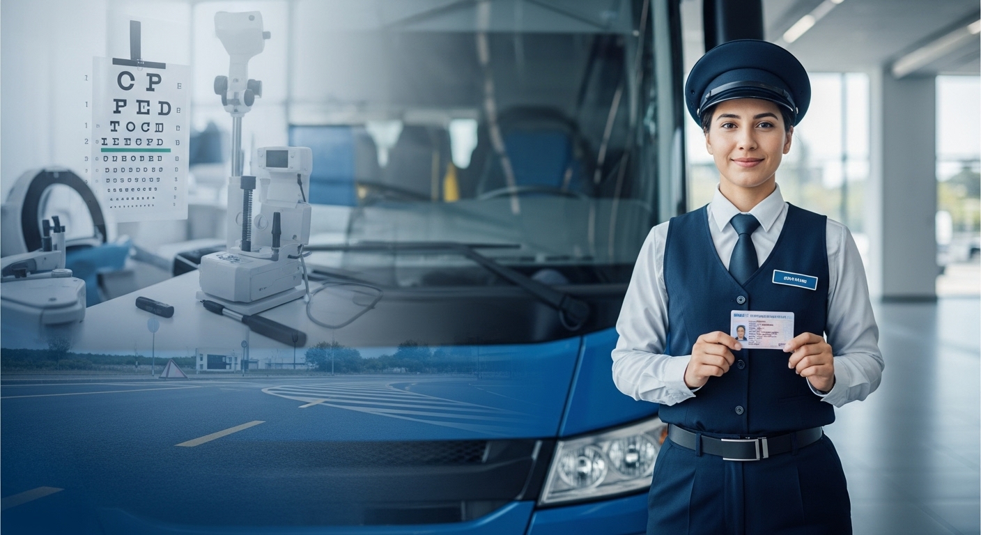 대형면허 신체검사와 적성검사를 성공적으로 통과한 운전자가 대형버스 앞에서 웃고 있는 모습