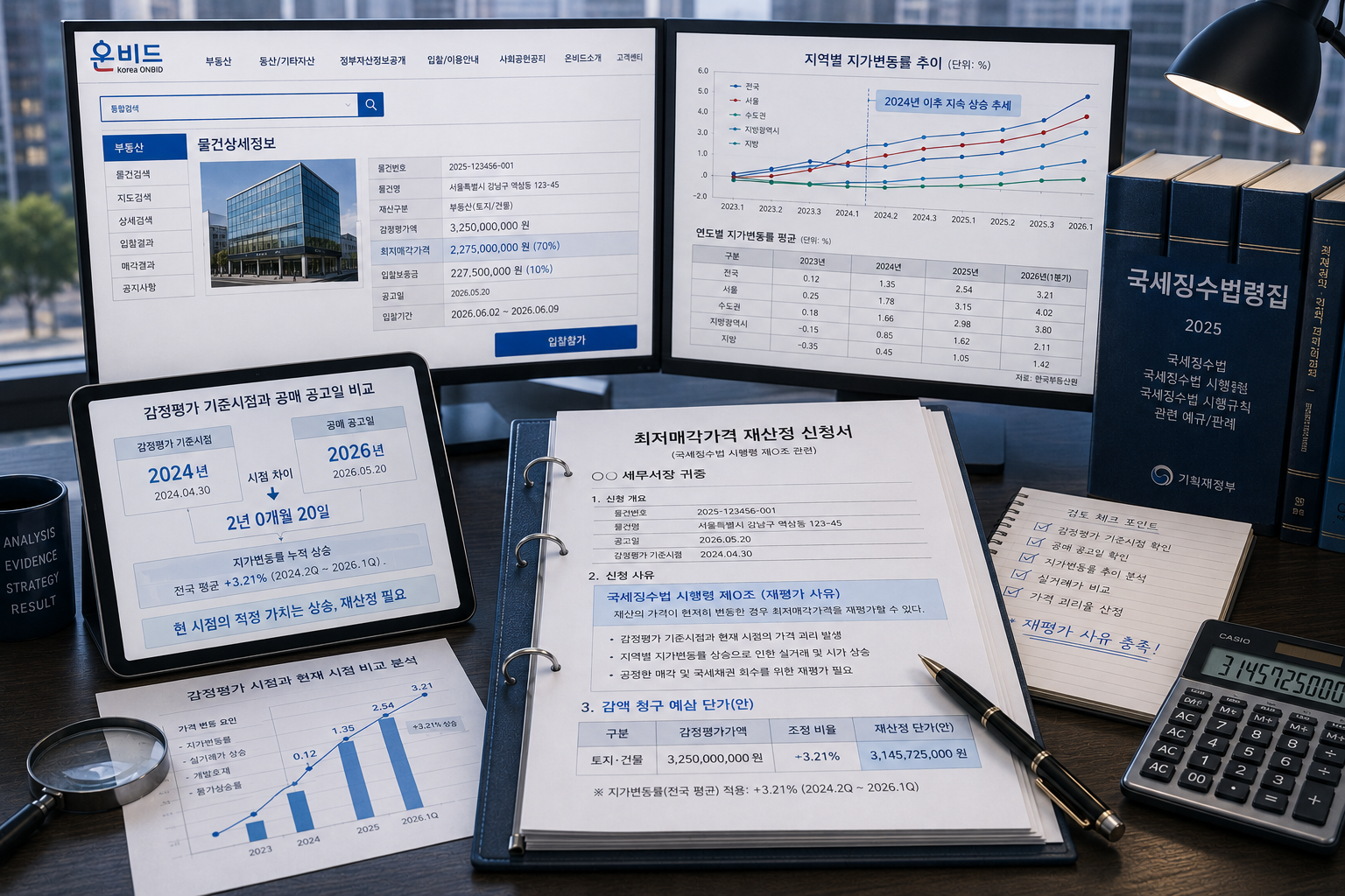 온비드 공매 물건 조회 화면과 국세징수법령집, 그리고 지역별 지가변동률 그래프가 정밀하게 매칭된 모니터 앞에서 감정평가서의 가격 시점 오류를 증명해 내는 세무·공매 전문가의 업무 이미지