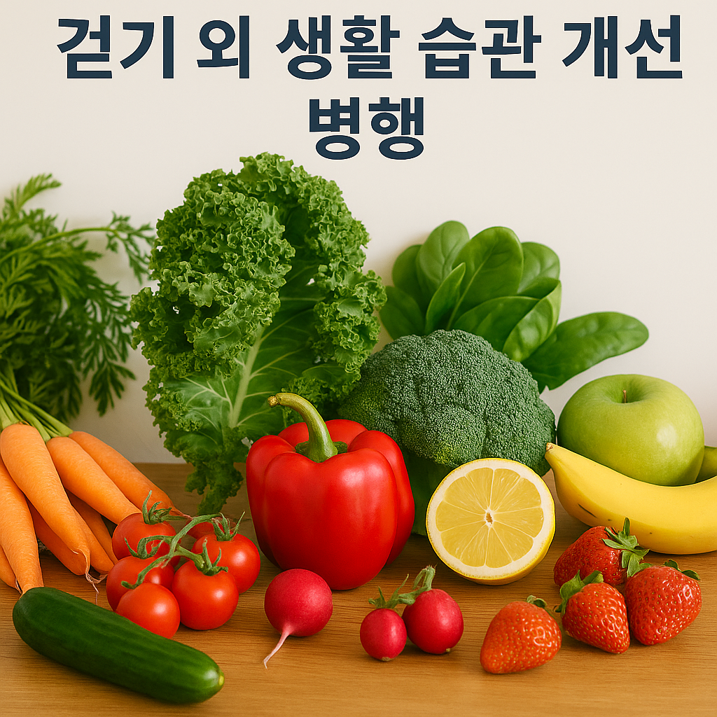 혈압 관리를 위해 신선한 채소와 과일이 담긴 식탁 걷기 외 생활 습관 개선 병행 문구