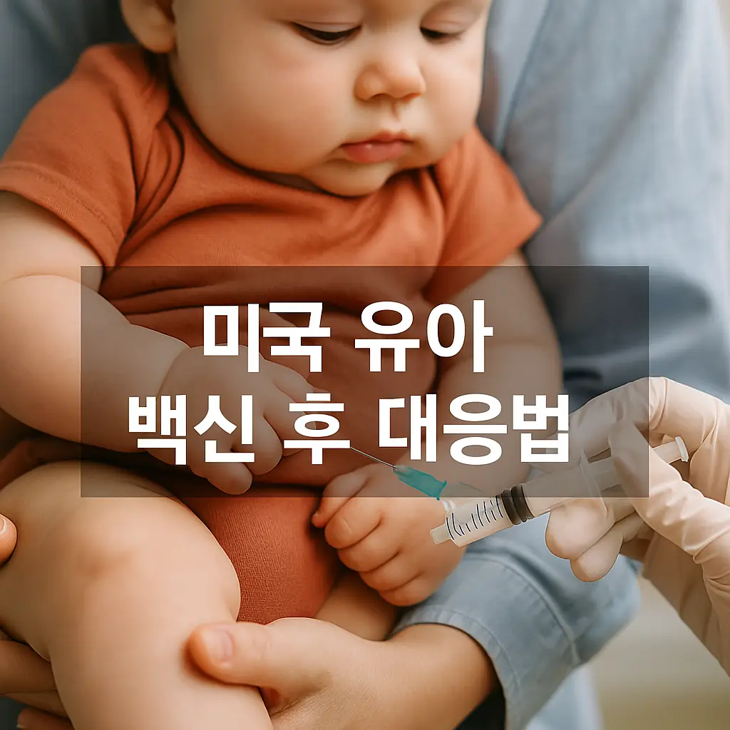 백신을 맞고 있는 유아와 보호자의 모습, '미국 유아 백신 후 대응법'이라는 문구가 큼직하게 씌어 있음