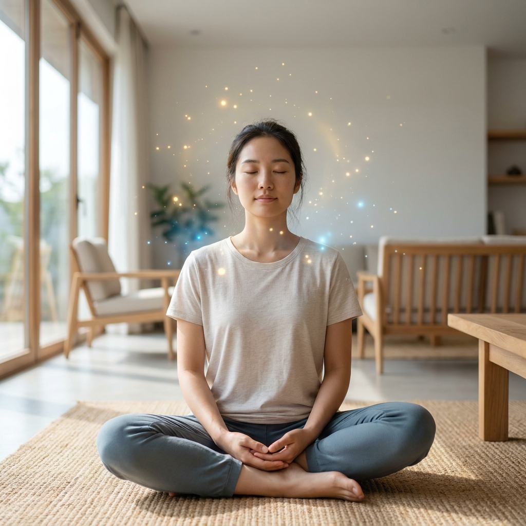 밝고 현대적인 공간에서 깊은 명상에 잠긴 인물의 클로즈업 샷. 주변으로 차분한 에너지를 상징하는 은은한 빛 입자들이 떠다니며, 자기조절능력을 키우고 감정을 다스리는 회복탄력성 훈련의 정수를 보여주는 8k 고해상도 사진.