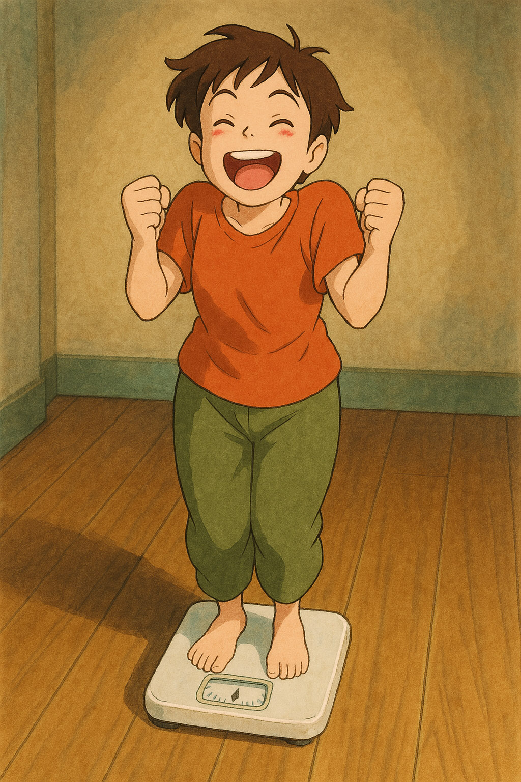 체중계 위에서 몸무게를 재어보고 기뻐하는 사람