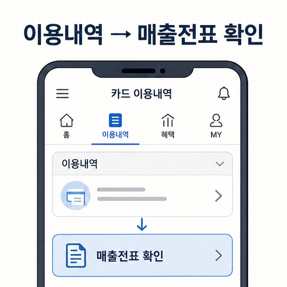 카드사 앱에서 이용내역을 조회하고 카드 매출전표를 확인하는 과정을 보여주는 이미지