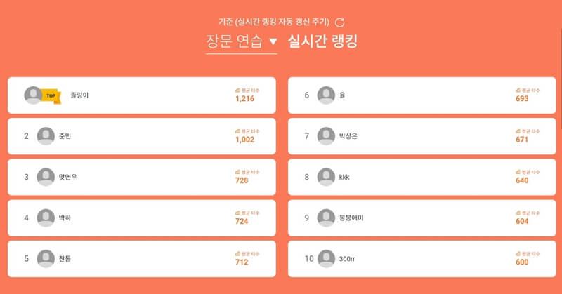 한컴 타자연습 실시간 랭킹