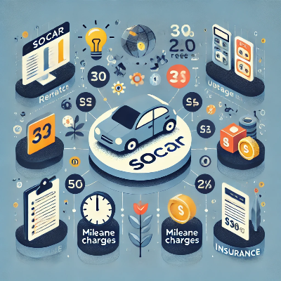 쏘카 요금 구성 요소를 나타낸 다이어그램, 대여 요금, 주행 요금, 보험료의 분류와 계산 방식 시각화.