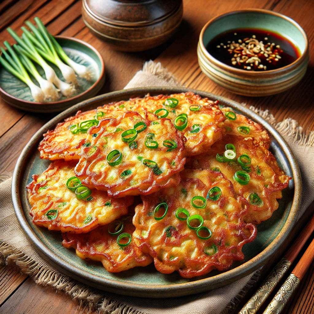 전통적인 한국 굴전, 노릇하게 부친 굴과 초간장 소스를 곁들인 고소한 명절 요리