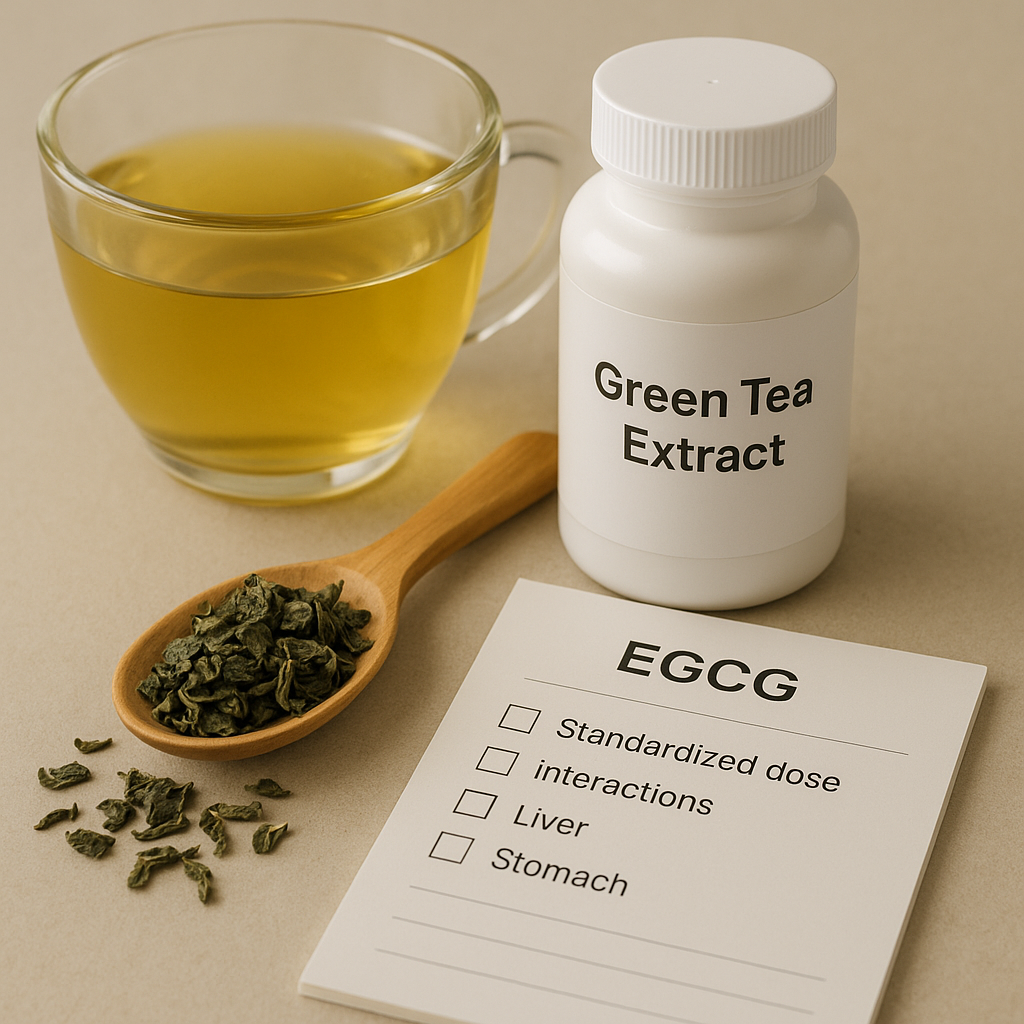 EGCG 보조요법을 표현한 녹차와 추출물 병, 체크리스트 실사 이미지
