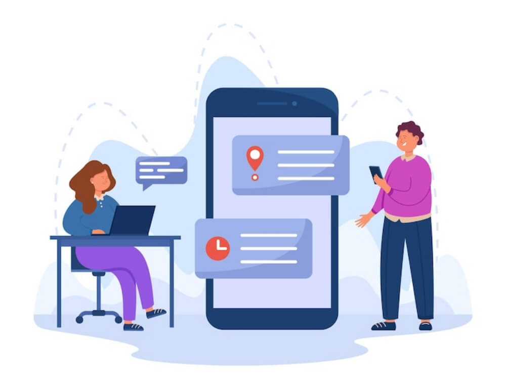 두명이 핸드폰을 중심으로 업무를 보고 있는 그림