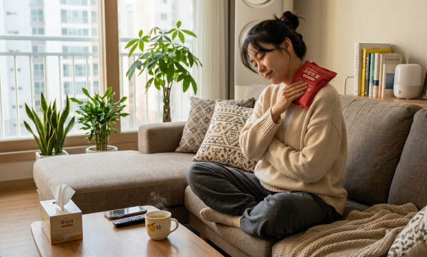 온찜질을 하거나 가볍게 스트레칭하는 모습