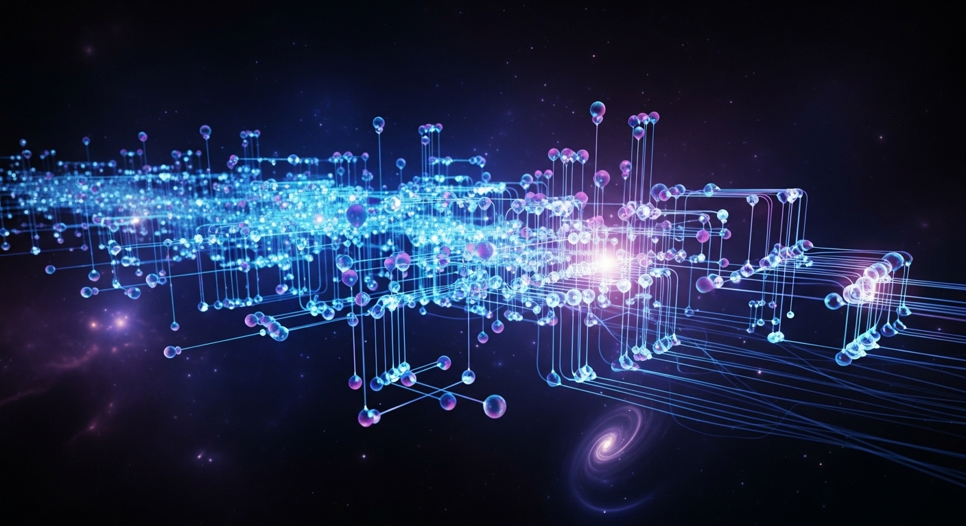 푸른색과 보라색 빛을 발하는 추상적인 큐비트들이 복잡하게 얽혀 있는 모습. 양자 중첩과 초고속 연산을 상징하는 미래 지향적이고 신비로운 이미지.