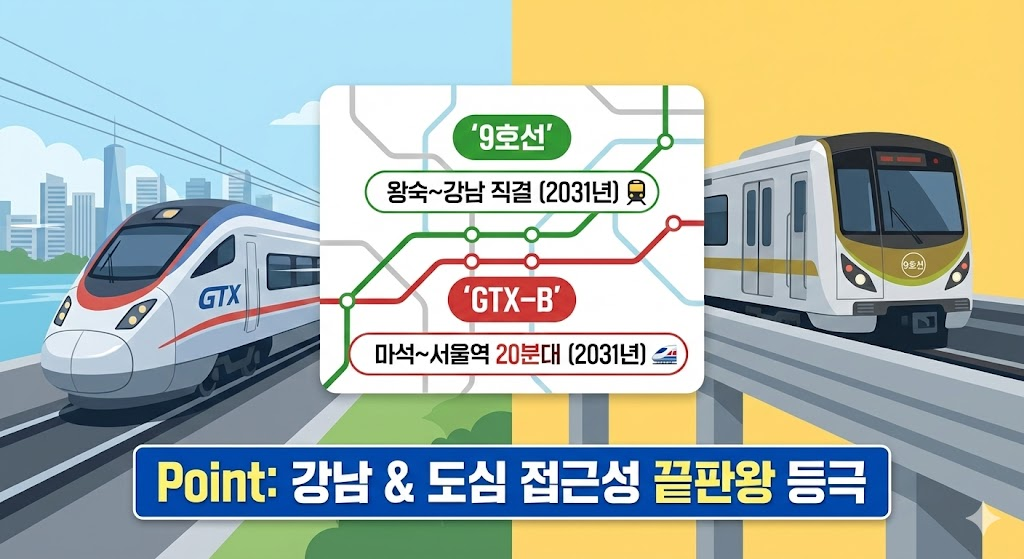 GTX와 9호선 열차 이미지를 배경으로, 각 노선의 핵심 구간과 혁신적인 시간 단축 효과를 직관적인 노선도 인포그래픽으로 표현했습니다. '강남 &amp; 도심 접근성 끝판왕'이라는 핵심 포인트를 명확하게 전달합니다.