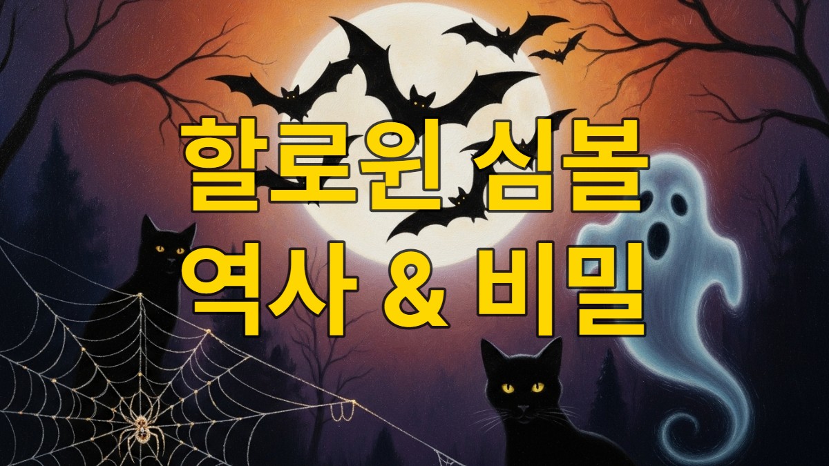 박쥐, 거미, 검은 고양이, 유령 등 할로윈 상징물이 어우러진 신비로운 밤 풍경.