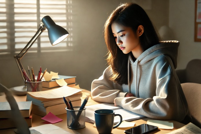 수능 대비에 몰입하는 새벽의 학생