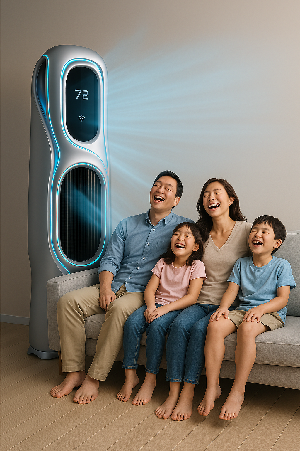 에어컨 아래서 시원함을 즐기고 있는 가족 이미지