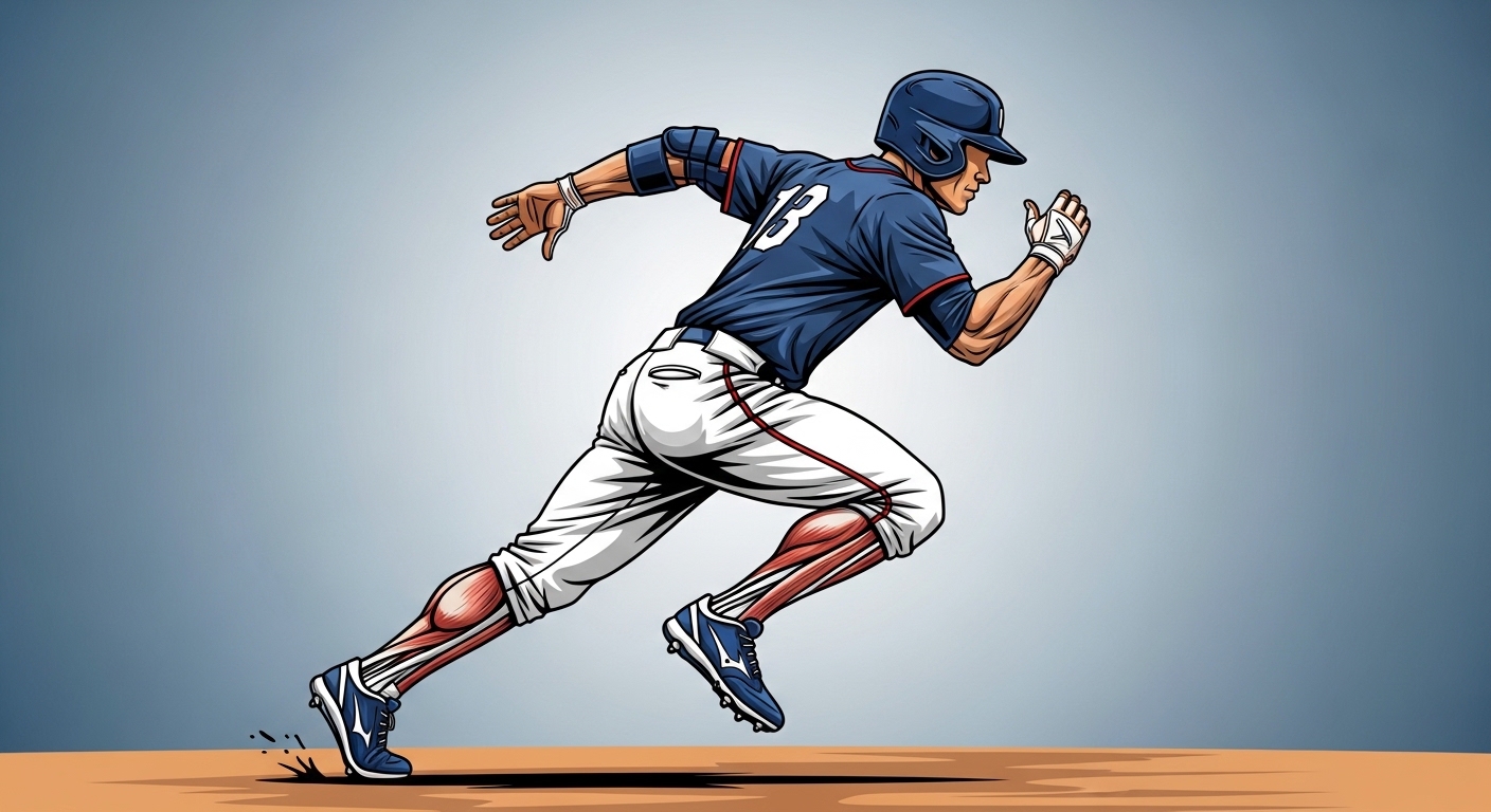 푸른 야구장을 질주하는 역동적인 야구선수의 모습, 햄스트링 근육의 중요성을 강조하는 이미지.