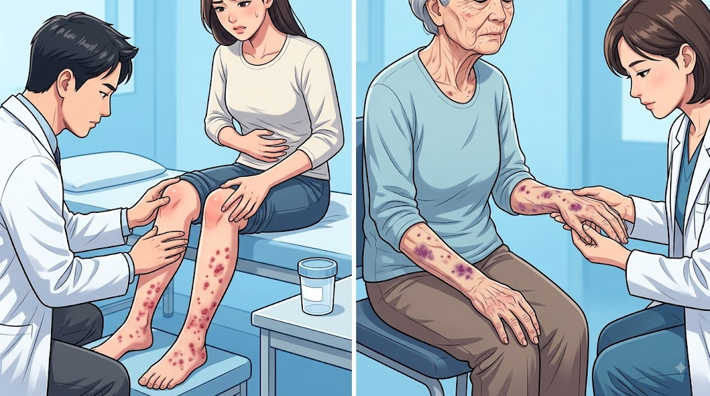 5. 다리에 촉진성 자반이 있고 복통과 무릎 관절통을 호소하는 젊은 환자 및 소변 컵, 그리고 손등과 팔에 자주색 자반이 있는 고령 환자를 진찰하는 비교 장면