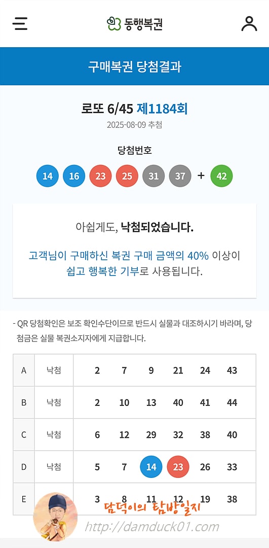 로또 6/45 제1184회 결과