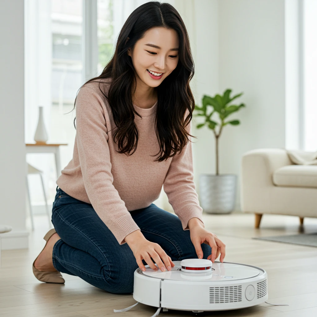 로봇청소기-사용하는-여자_청소기 조작