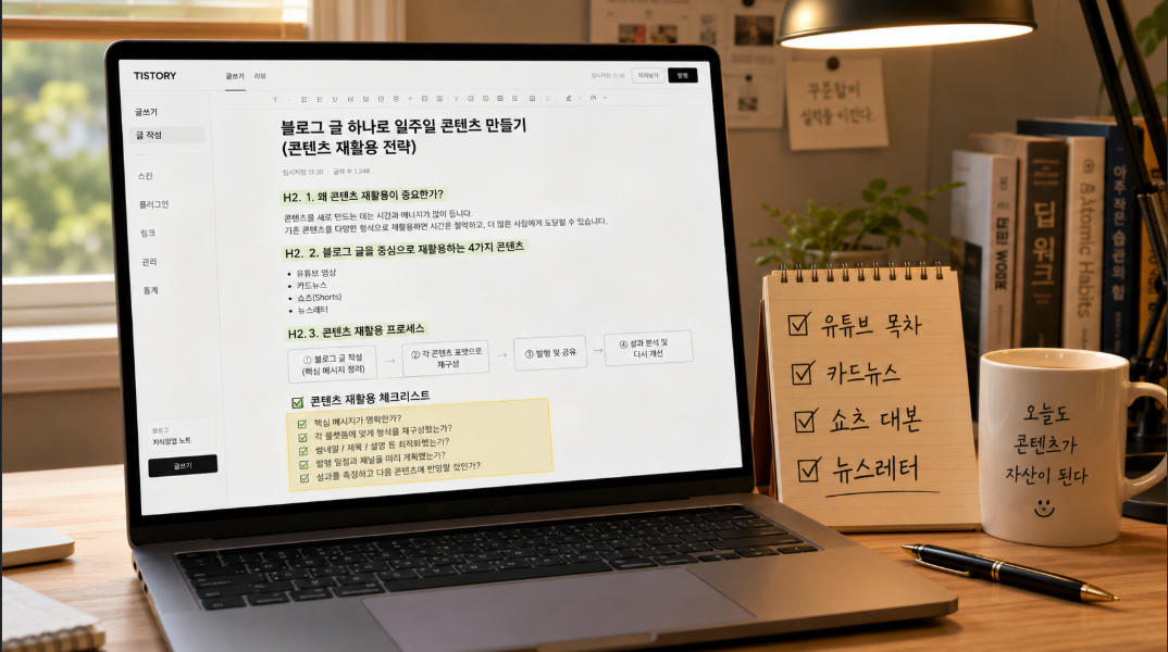 티스토리 블로그 글에서 소제목과 체크리스트를 뽑아 여러 콘텐츠로 바꾸는 장면