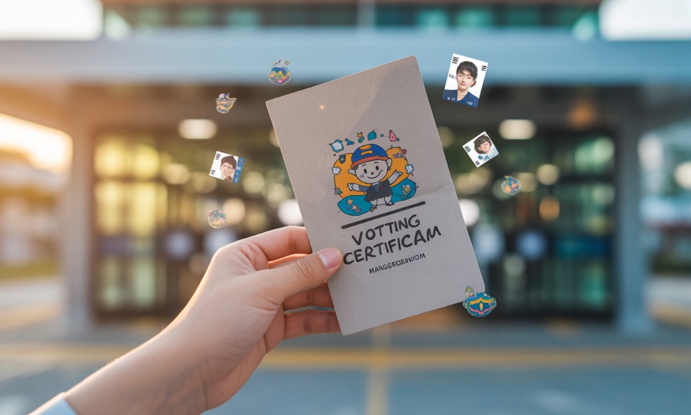 MZ세대의 투표 인증용지 문화: 인기 캐릭터 스탬프와 K-Pop 포토카드를 활용한 활기찬 SNS 투표 인증샷 촬영 장면