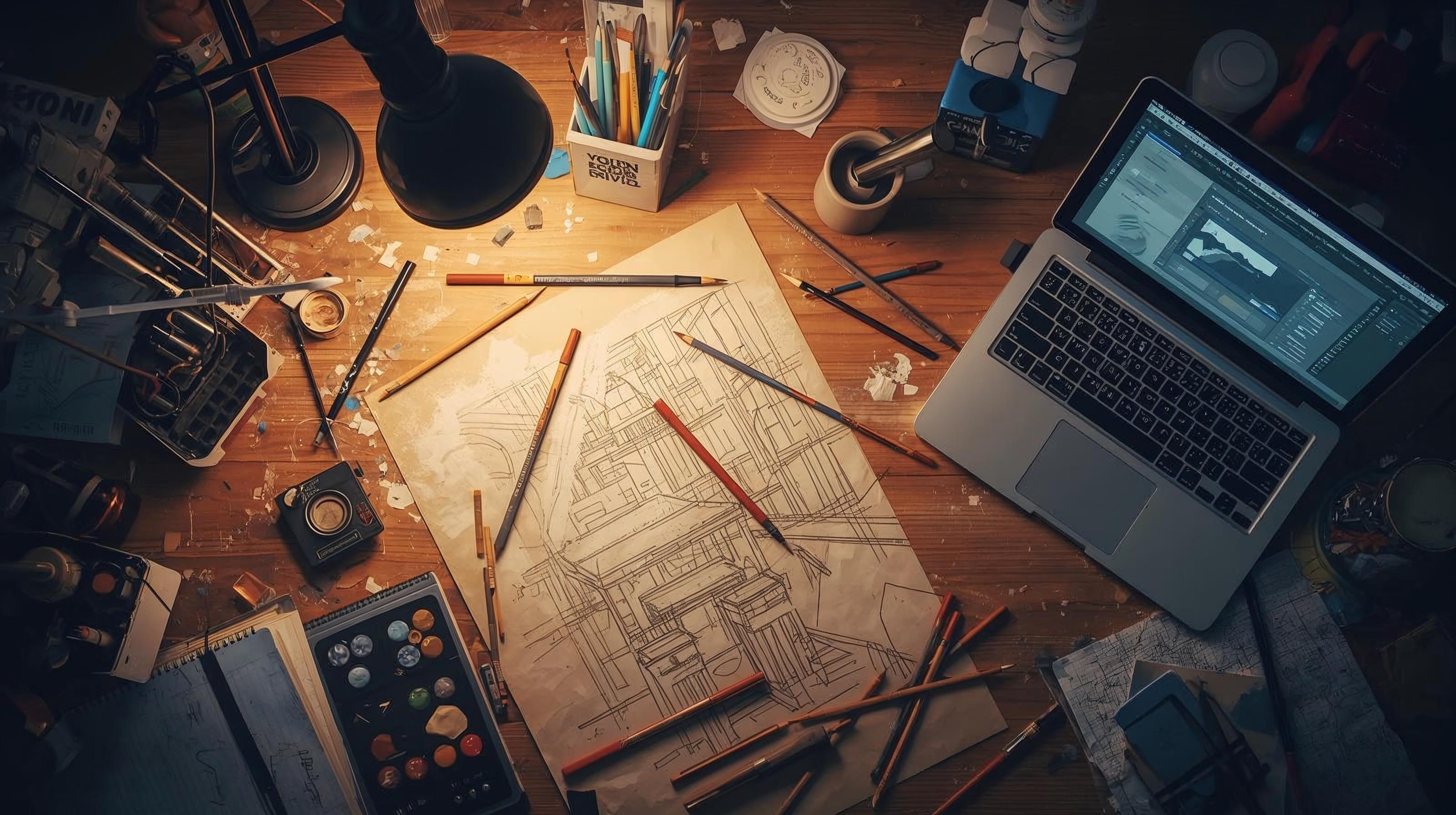 디자인 작업 책상 위에 스케치 도면, 연필, 도구, 노트북 등이 놓여 있는 아티스트의 작업 공간을 담은 감성적인 작업실 이미지.