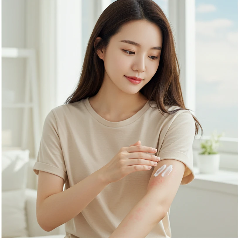 팔에 보습 로션을 바르는 모습, 가려운 발진을 위한 부드러운 피부 관리를 강조.