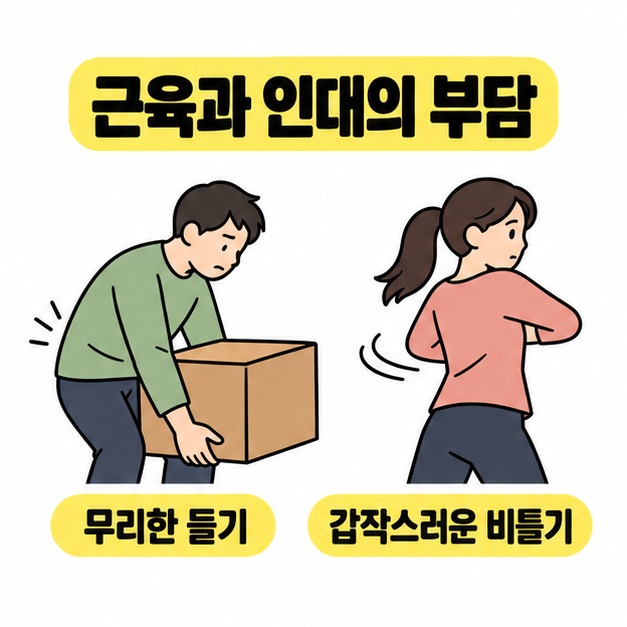 근육과 인대의 부담 제목 아래 상자를 드는 사람과 상체를 비트는 사람을 무리한 들기와 갑작스러운 비틀기로 설명한 이미지