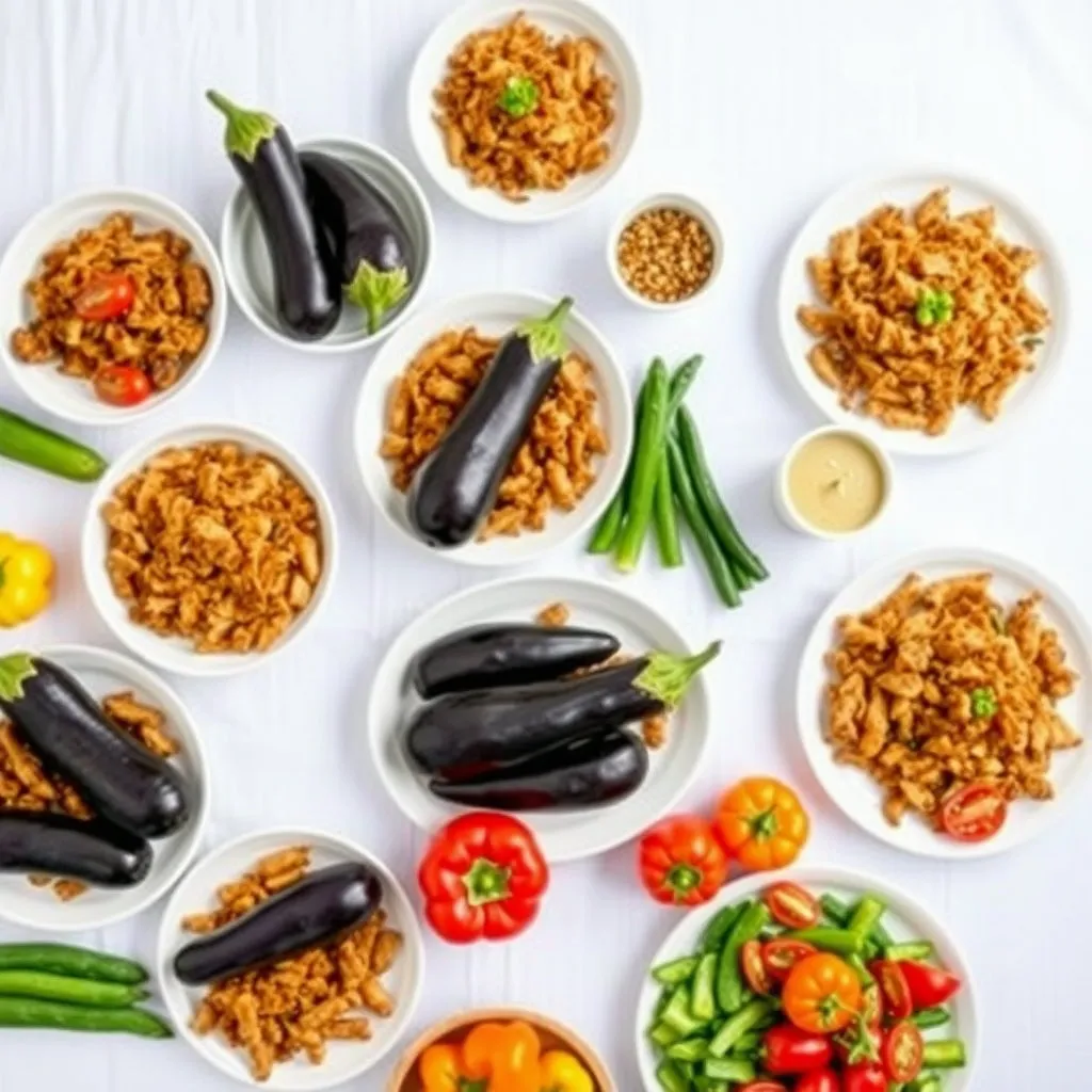 가지 요리(볶음, 무침 등)와 함께 다른 신선한 제철 채소 반찬들이 놓여 있는 식탁 전체 샷입니다. 밝고 시원한 색감으로 여름철 건강한 밥상을 연출합니다.