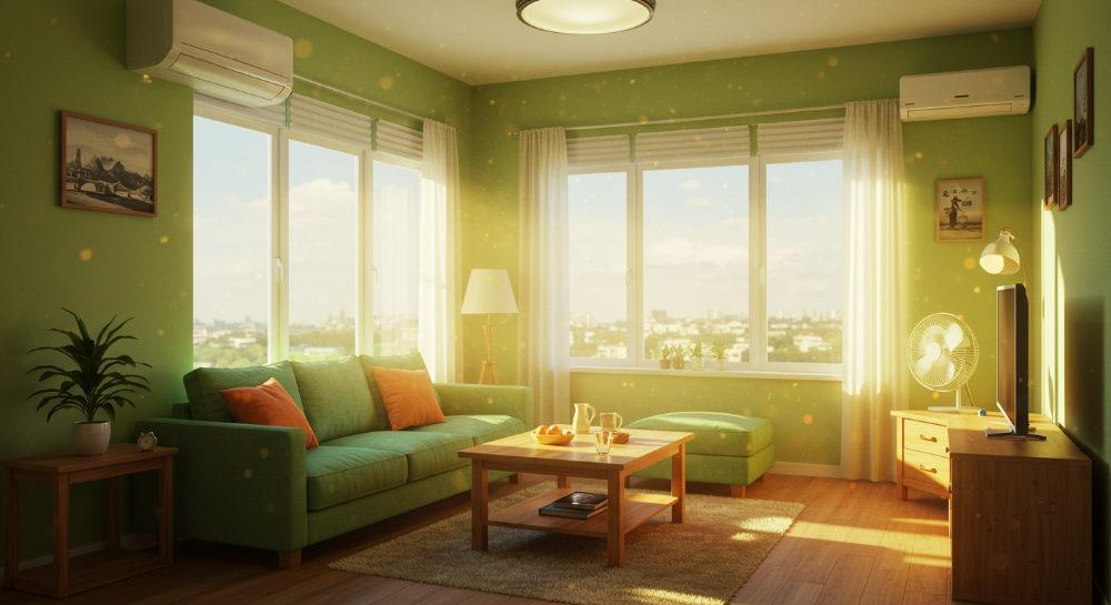 원룸 벽걸이 에어컨이 설치된 아늑한 공간. 높은 천장과 햇살이 잘 드는 창문, 공기 순환을 돕는 선풍기가 보인다. 원룸의 냉방 효율을 시각적으로 보여주는 이미지.